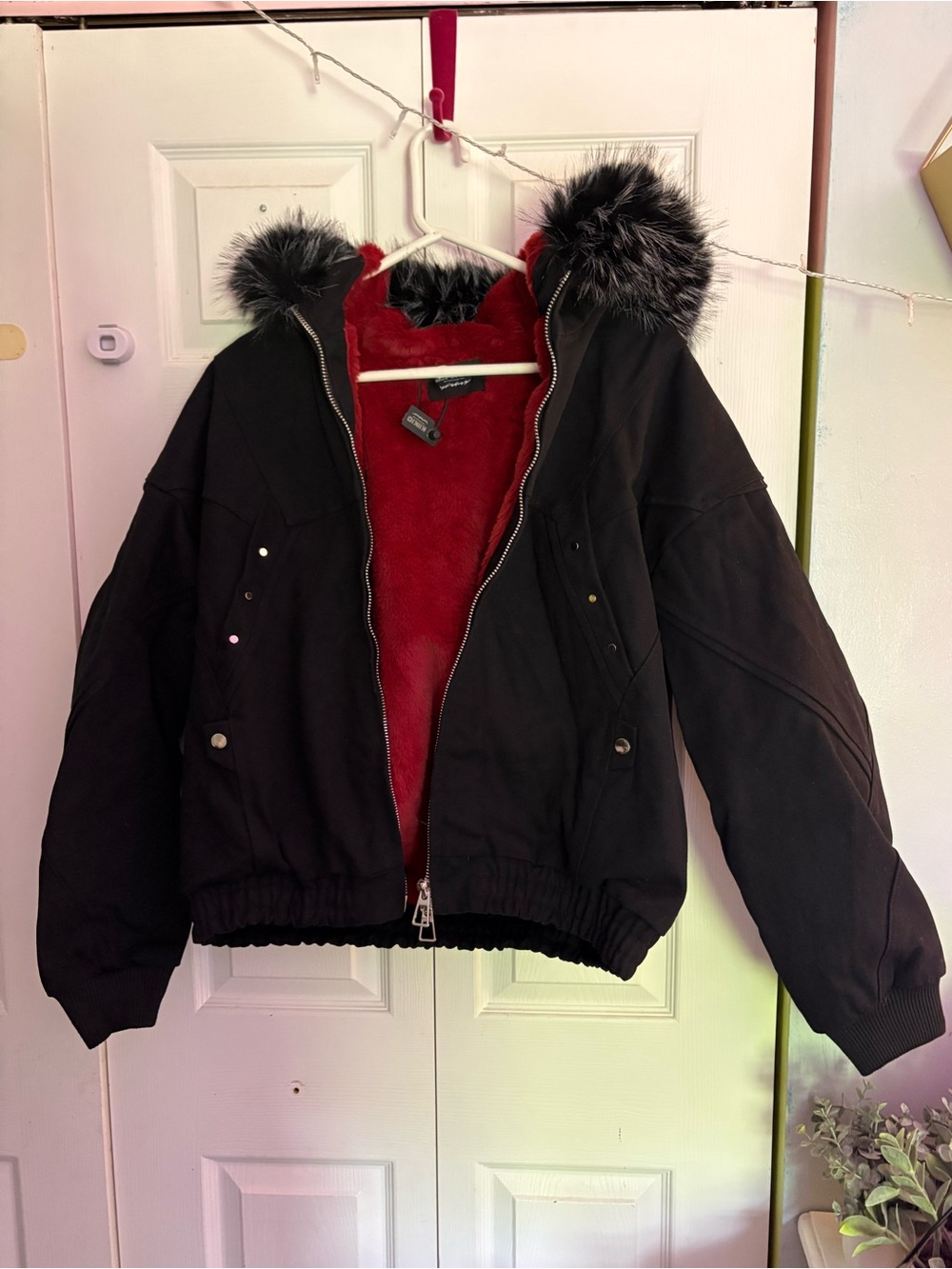 Women’s Black Bomber Jacket with Red Faux-Fur Lining size 2x